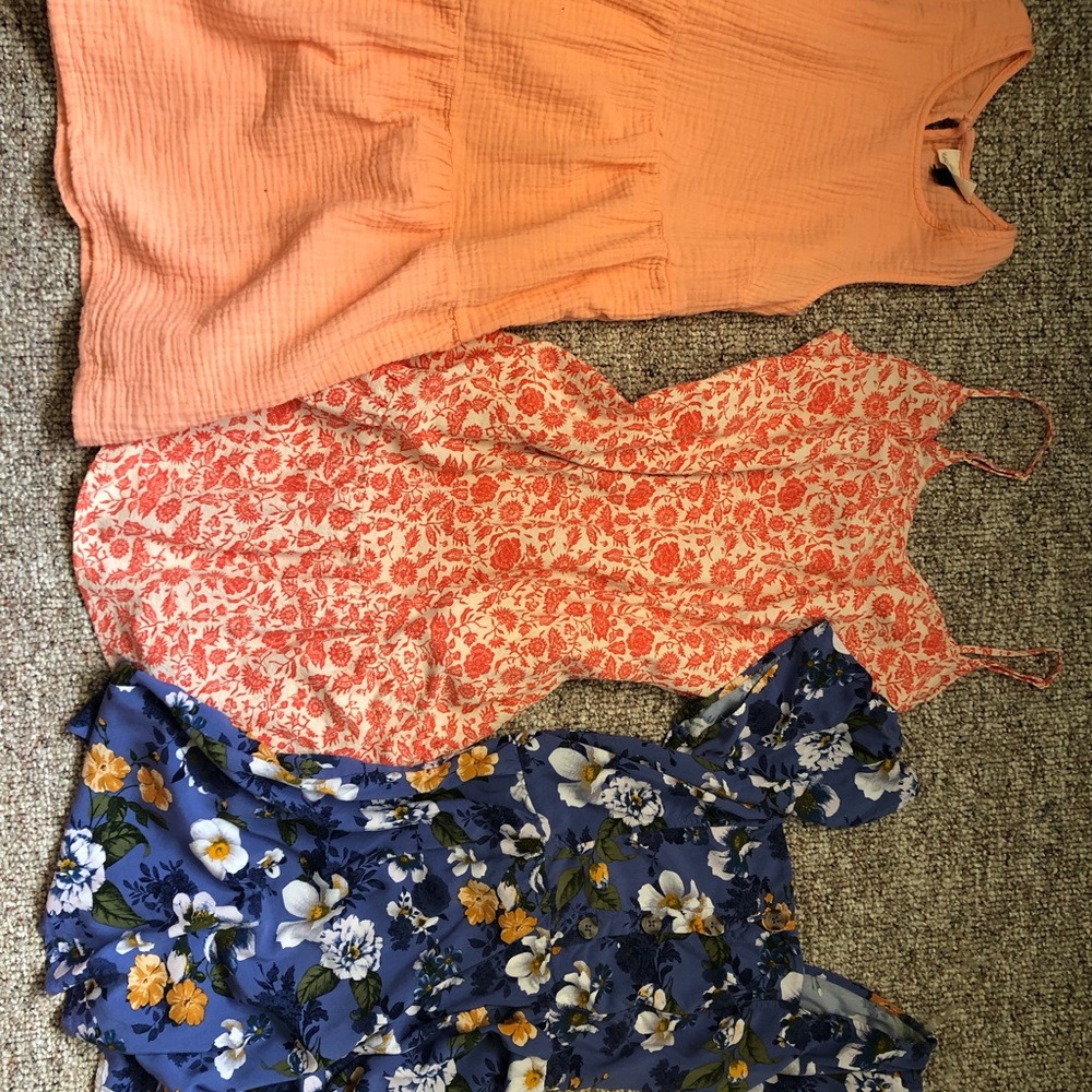 Three dresses, two are beautiful floral and one is a simple coral color.